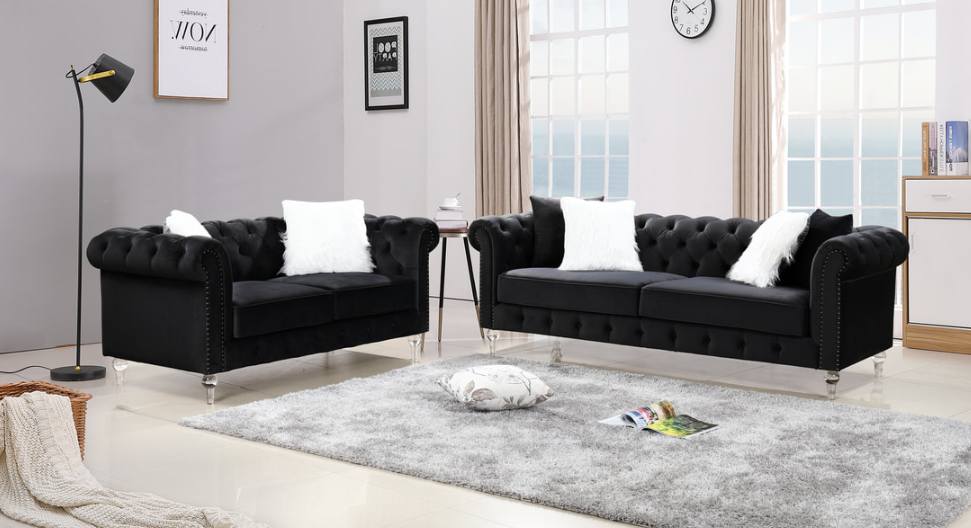 MANCHESTER BLACK TUFTED VELVET SOFA & LOVESEAT SET