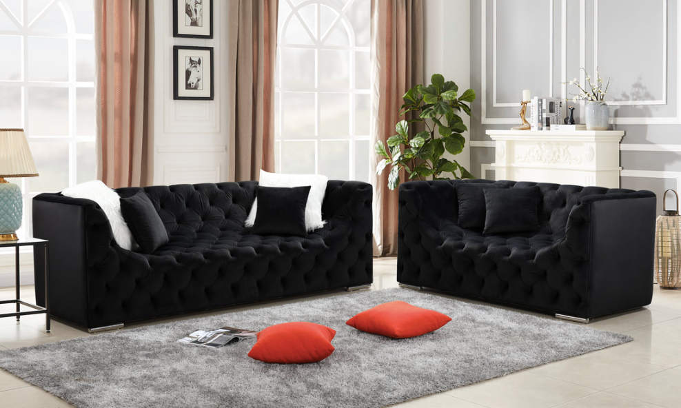 KYLIE U SHAPE SEAT TUFTED BLACK VELVET SOFA & LOVESEAT