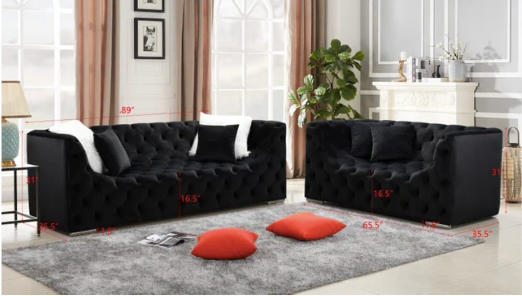 KYLIE U SHAPE SEAT TUFTED BLACK VELVET SOFA & LOVESEAT