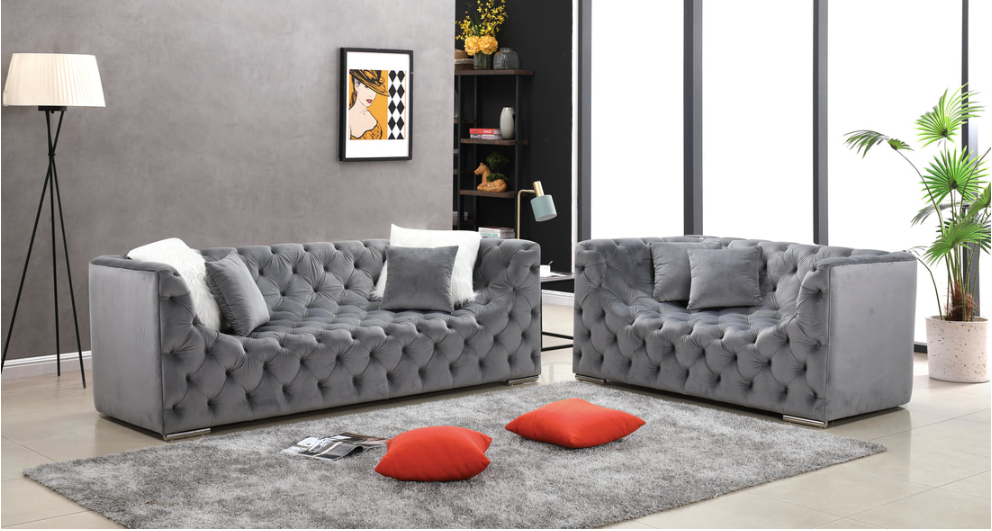 KYLIE U SHAPE SEAT TUFTED GRAY VELVET SOFA & LOVESEAT