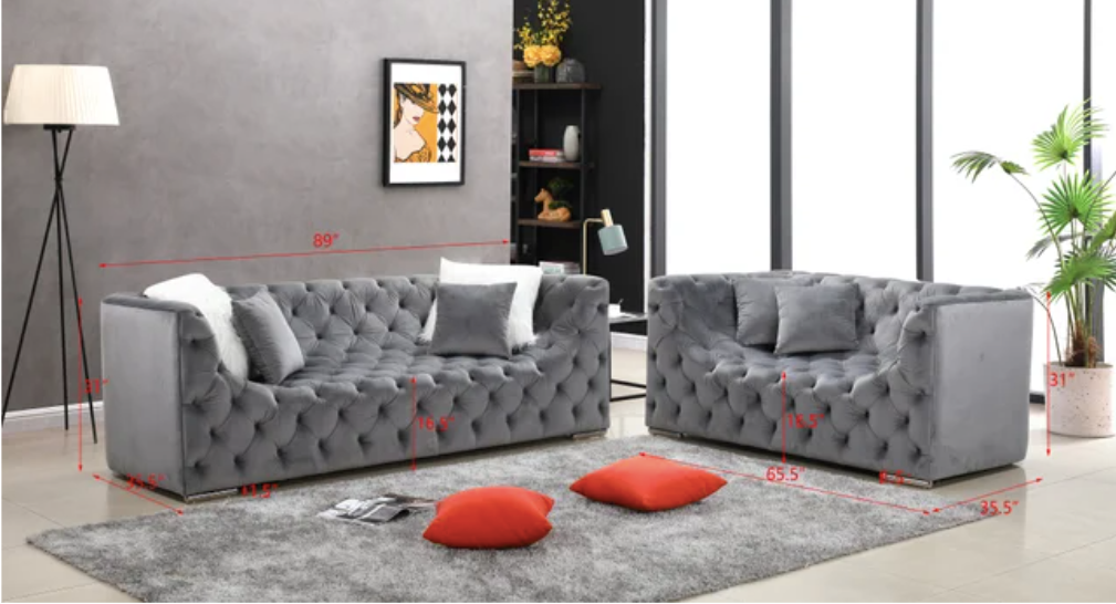 KYLIE U SHAPE SEAT TUFTED GRAY VELVET SOFA & LOVESEAT
