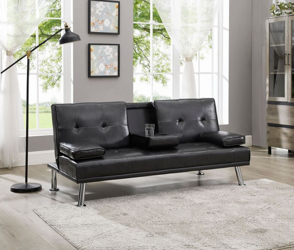 CHELSEA BLACK BONDED LEATHER FUTON WITH DROP DOWN CUP HOLDER