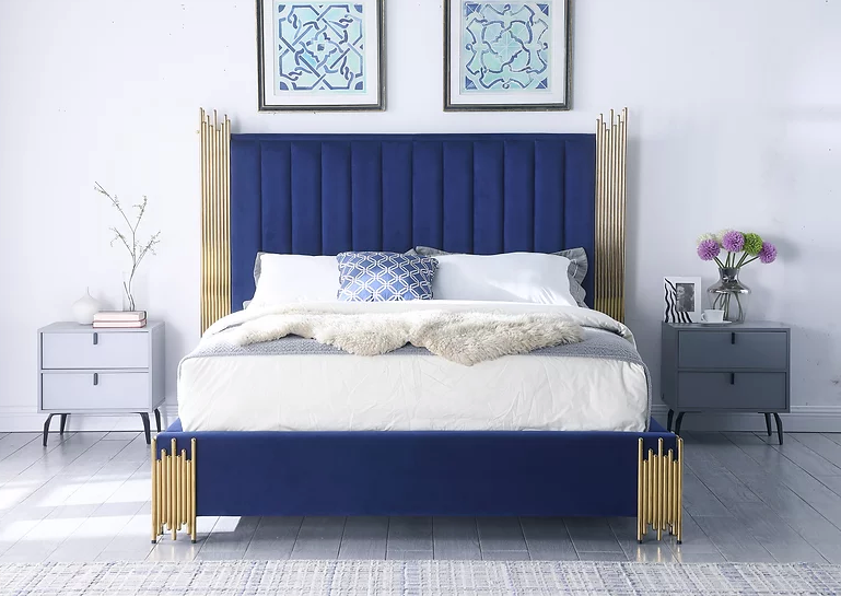 TOKEN BLUE VELVET BED FRAME WITH GOLD METAL ACCENTS floor model (discontinued)