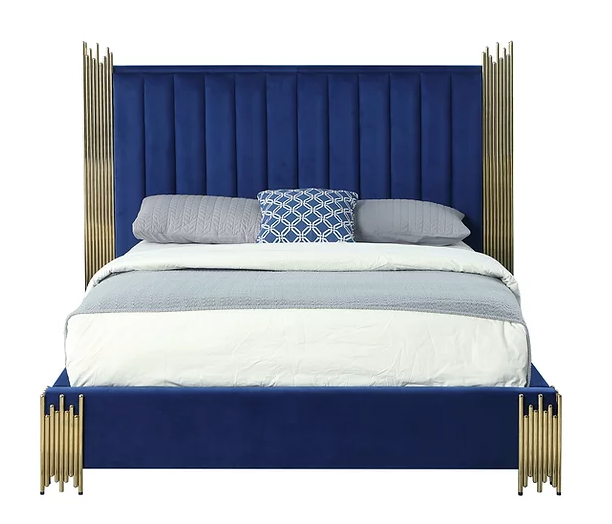 TOKEN BLUE VELVET BED FRAME WITH GOLD METAL ACCENTS floor model (discontinued)