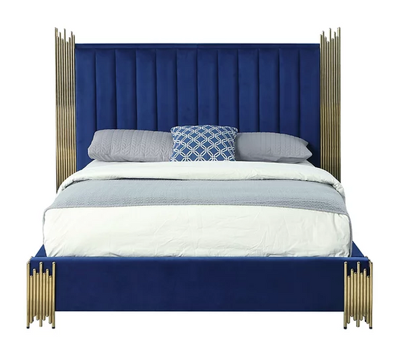 TOKEN BLUE VELVET BED FRAME WITH GOLD METAL ACCENTS