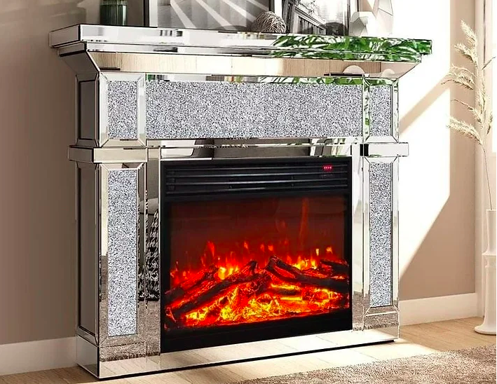 VALERIA MIRRORED FIREPLACE W/ LED LIGHTS AND BLUETOOTH SPEAKER