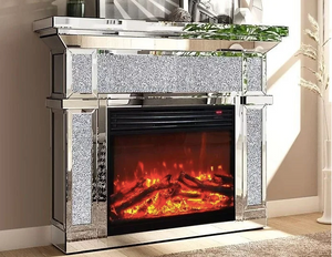 VALERIA MIRRORED FIREPLACE W/ LED LIGHTS AND BLUETOOTH SPEAKER