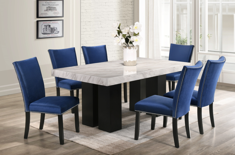 FINLAND BLUE VELVET 7PC DINING HEIGHT TABLE DINING SET