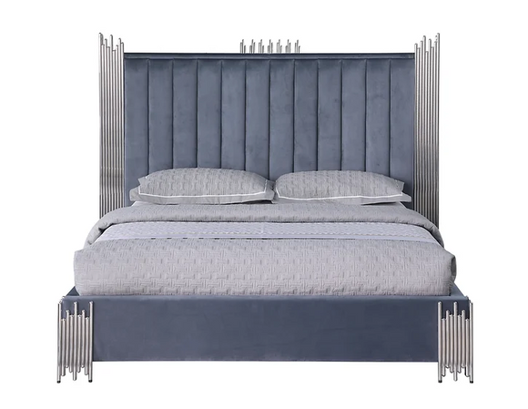 TOKEN SILVER VELVET BED FRAME WITH SILVER METAL ACCENTS