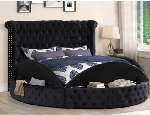 PENTHOUSE BLACK VELVET ROUND STORAGE PLATFORM BED