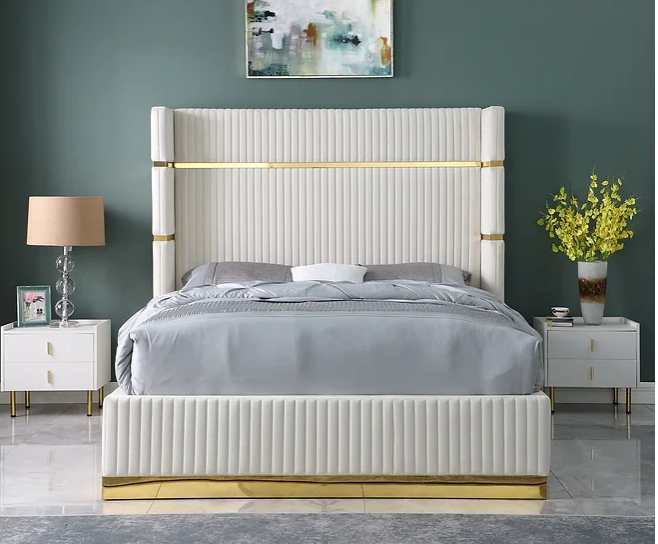 ASPEN TUFTED BED IN CREAM VELVET WITH GOLD ACCENTS