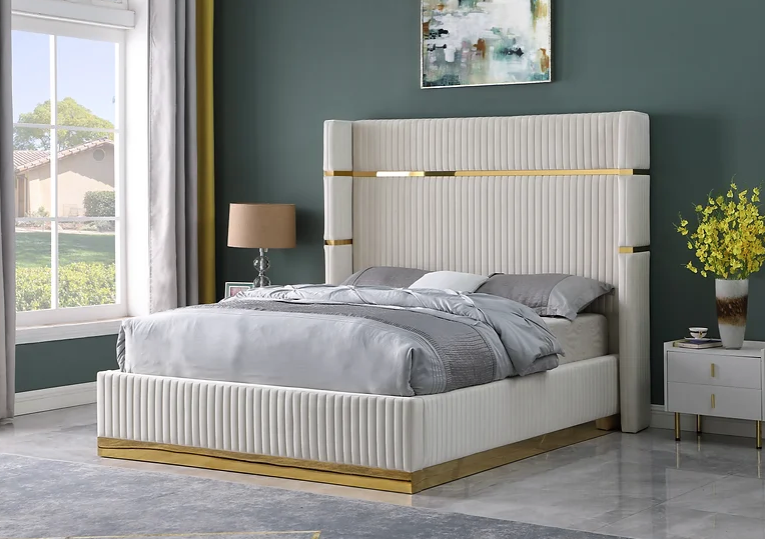 ASPEN TUFTED BED IN CREAM VELVET WITH GOLD ACCENTS