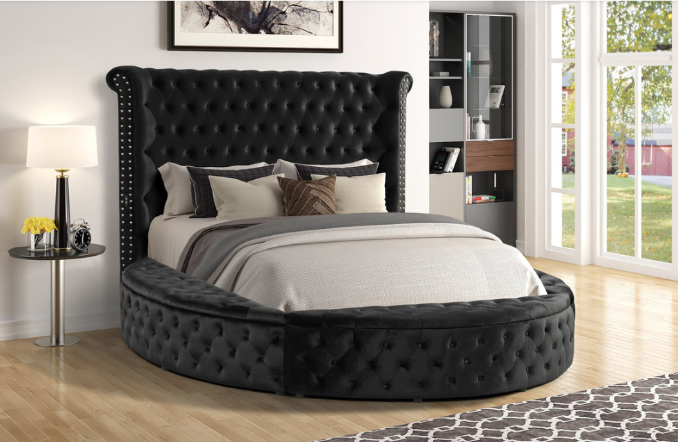 PENTHOUSE BLACK VELVET ROUND STORAGE PLATFORM BED