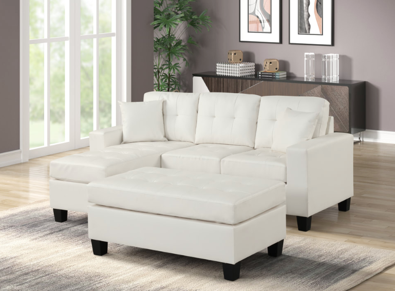 NAOMI WHITE FAUX LEATHER REVERSIBLE SECTIONAL & OTTOMAN