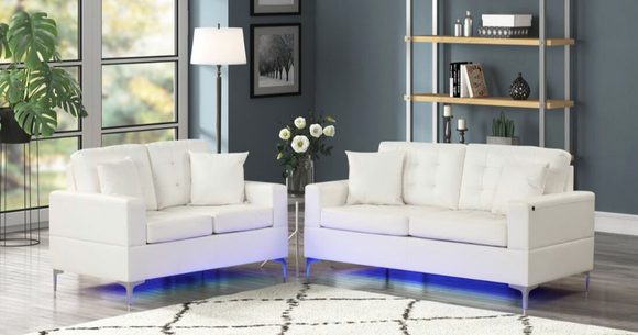 MIAMI WHITE FAUX LEATHER 2PC SOFA SET W/ LED LIGHTS