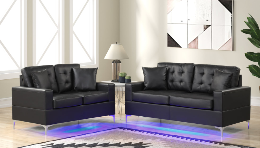 MIAMI BLACK FAUX LEATHER 2PC SOFA SET W/ LED LIGHTS