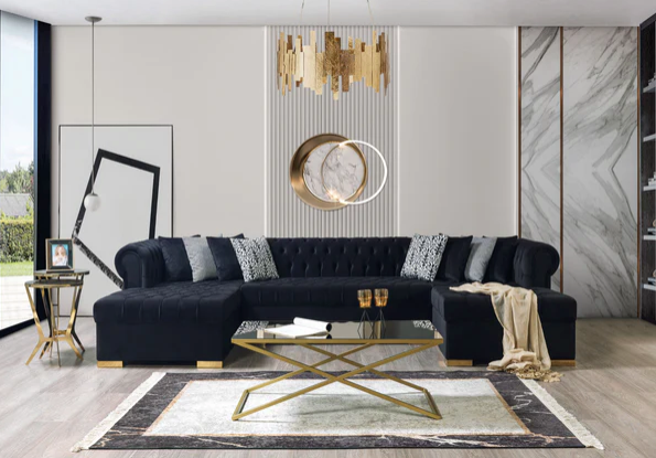 LAUREN VELVET BLACK DOUBLE CHAISE SECTIONAL