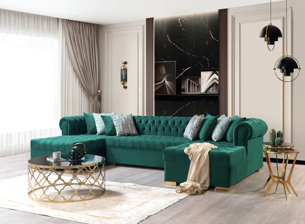 LAUREN VELVET GREEN DOUBLE CHAISE SECTIONAL