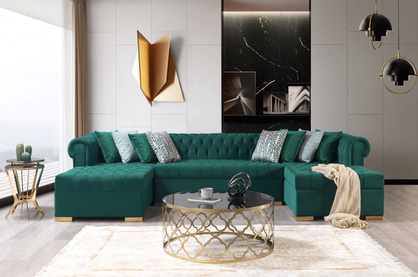 LAUREN VELVET GREEN DOUBLE CHAISE SECTIONAL
