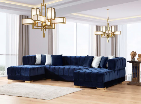 ARIANA VELVET BLUE DOUBLE CHAISE SECTIONAL W/ WHITE PILLOWS
