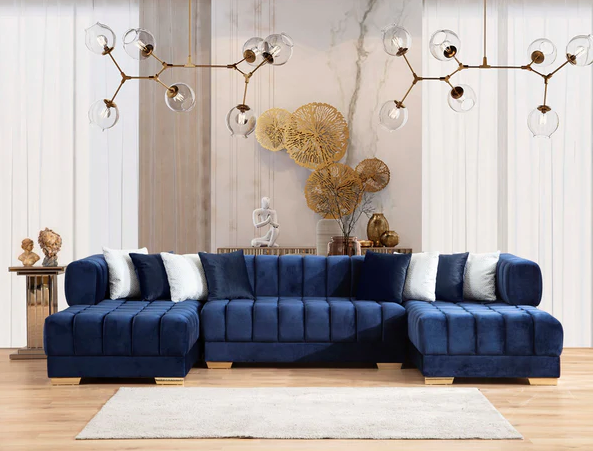 ARIANA VELVET BLUE DOUBLE CHAISE SECTIONAL W/ WHITE PILLOWS