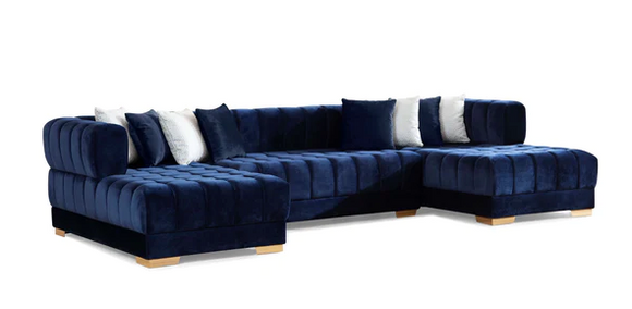 ARIANA VELVET BLUE DOUBLE CHAISE SECTIONAL W/ WHITE PILLOWS