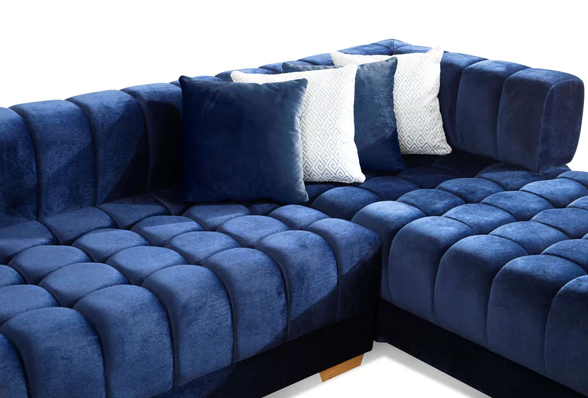 ARIANA VELVET BLUE DOUBLE CHAISE SECTIONAL W/ WHITE PILLOWS