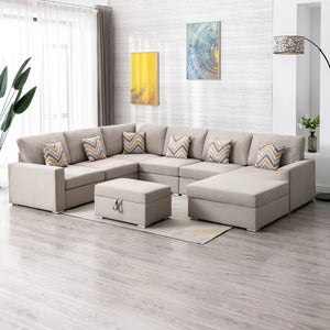 Nolan Beige Linen Fabric 7Pc Reversible Chaise Sectional Sofa with Interchangeable Legs, Pillows and Storage Ottoman