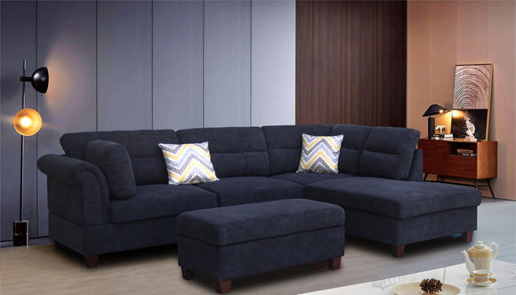 Diego Black Fabric Sectional with Right Facing Chaise, Storage Ottoman, and 2 Accent Pillows