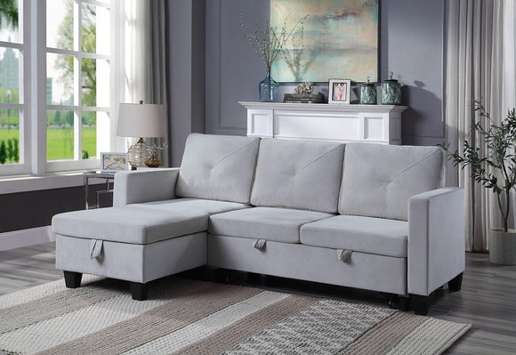 Nova Light Gray Velvet Reversible Sleeper Sectional with Storage Chaise