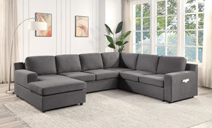 Waylon Gray Linen 6-Seater U-Shape Sectional Sofa Chaise and Pocket