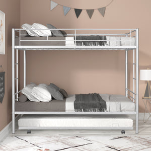 Metal Twin over Twin Bunk Bed with Trundle/Can Be Separated into 2 Twin Beds/ Heavy-duty Sturdy Metal/ Noise Reduced/ Safety Guardrail/ Trundle for Flexible Space/ Bunk Bed for Three/ CPC Certified