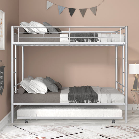 Metal Twin over Twin Bunk Bed with Trundle/Can Be Separated into 2 Twin Beds/ Heavy-duty Sturdy Metal/ Noise Reduced/ Safety Guardrail/ Trundle for Flexible Space/ Bunk Bed for Three/ CPC Certified