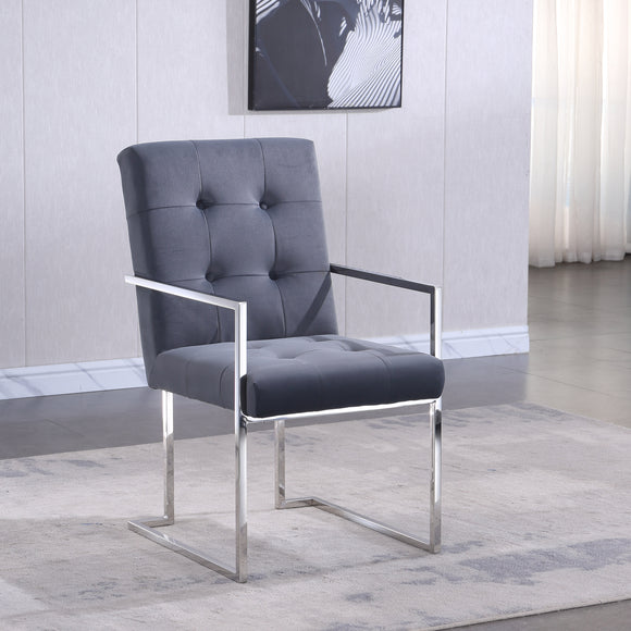 Modern Velvet Dining Arm Chair Set of 1, Tufted Design and Silver Finish Stainless Base