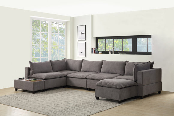 Madison Light Gray Fabric 7Pc Modular Sectional Sofa Chaise with USB Storage Console Table