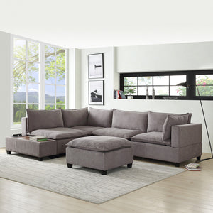 Madison Light Gray Fabric 6 Piece Modular Sectional Sofa with Ottoman and USB Storage Console Table