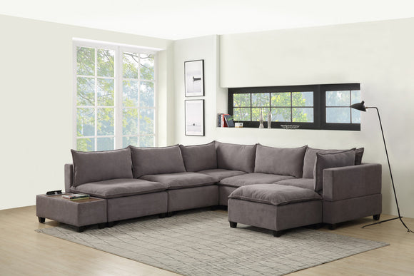 Madison Light Gray Fabric 7 Piece Modular Sectional Sofa Chaise with USB Storage Console Table