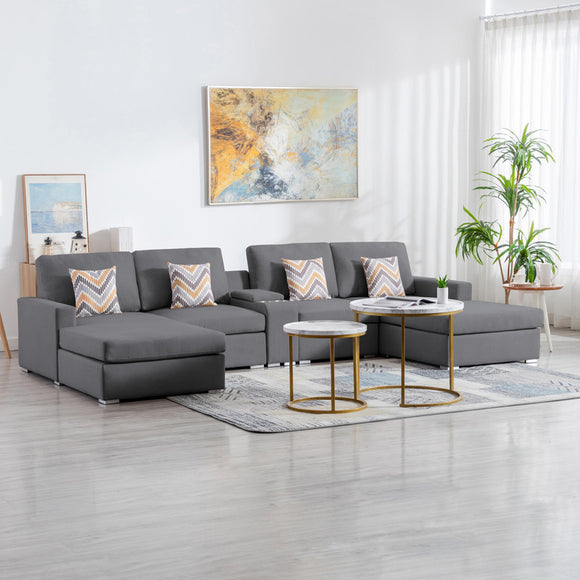 Nolan Gray Linen Fabric 5Pc Double Chaise Sectional Sofa with Interchangeable Legs, a USB, Charging Ports, Cupholders, Storage Console Table and Pillows