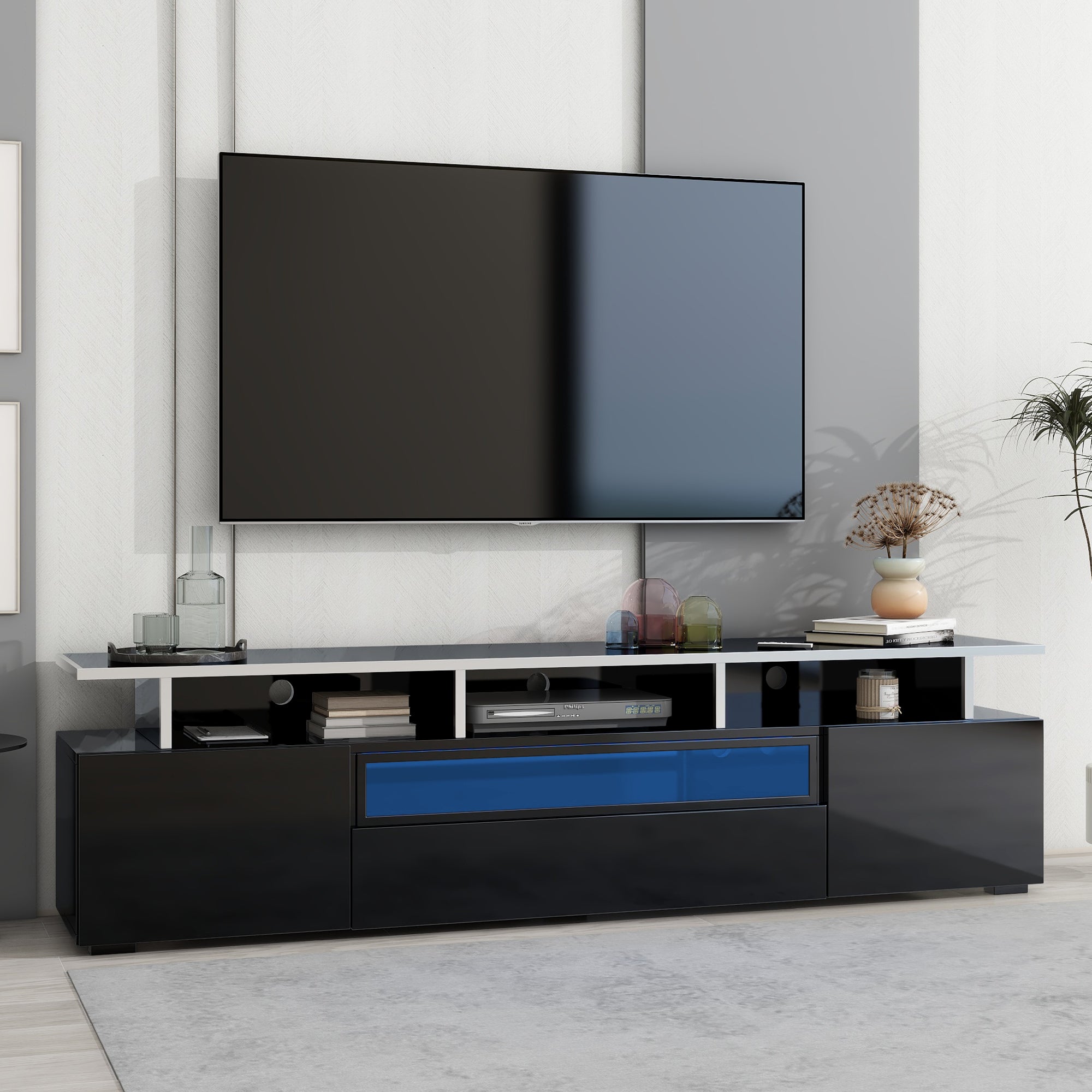 ON-TREND Modern TV Stand with Push to Open Doors, UV High-Gloss Entertainment Center with Acrylic Board for TVs Up to 80", Stylish TV Cabinet with LED Color Changing Lights for Living Room, Black