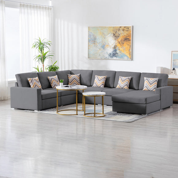 Nolan Gray Linen Fabric 6Pc Reversible Chaise Sectional Sofa with Pillows and Interchangeable Legs