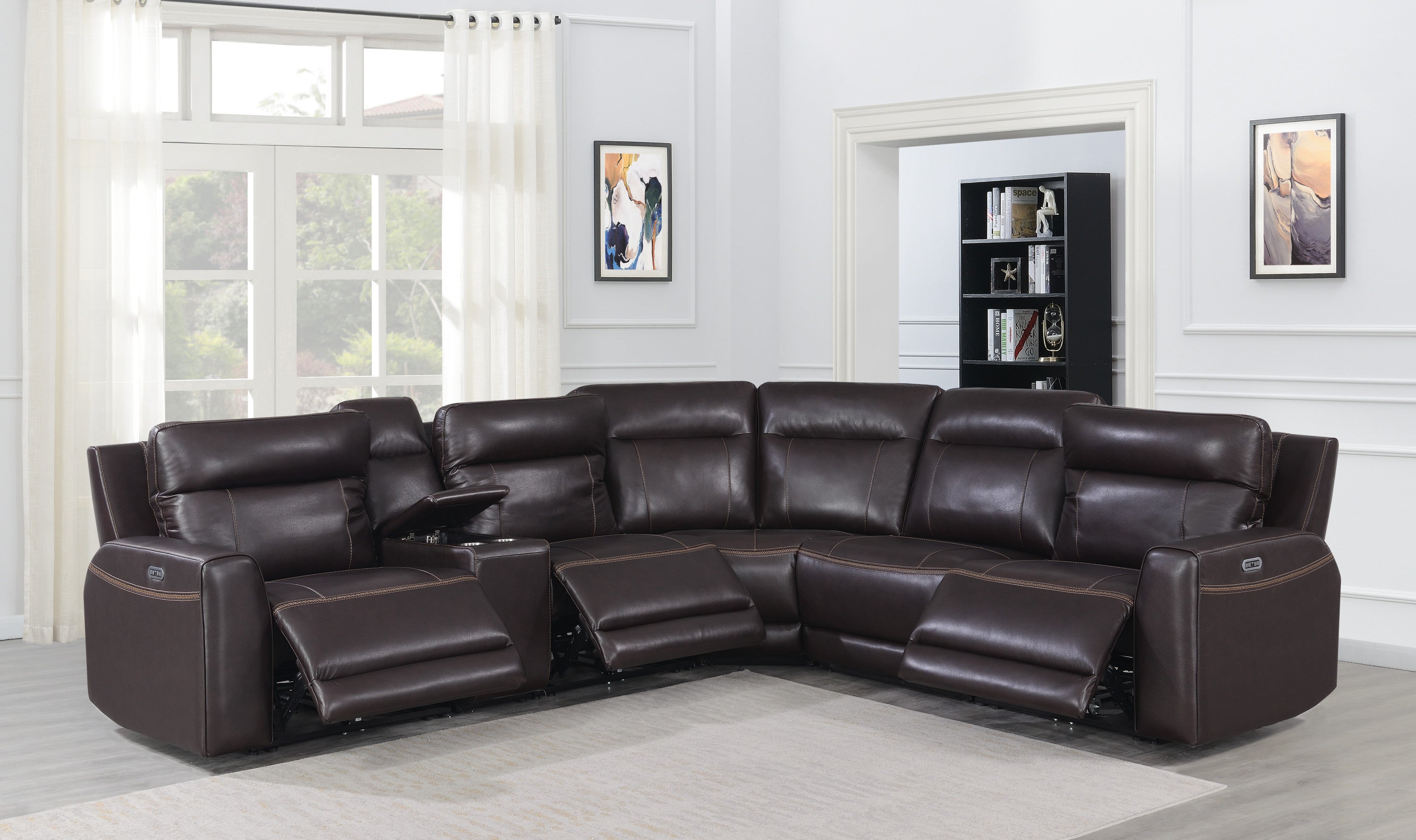 Customizable Dual-Power Leather Sectional Top-Grain Leather, Power Headrest, Power Footrest