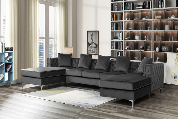 Ryan Dark Gray Velvet Double Chaise Sectional Sofa with Nail-Head Trim