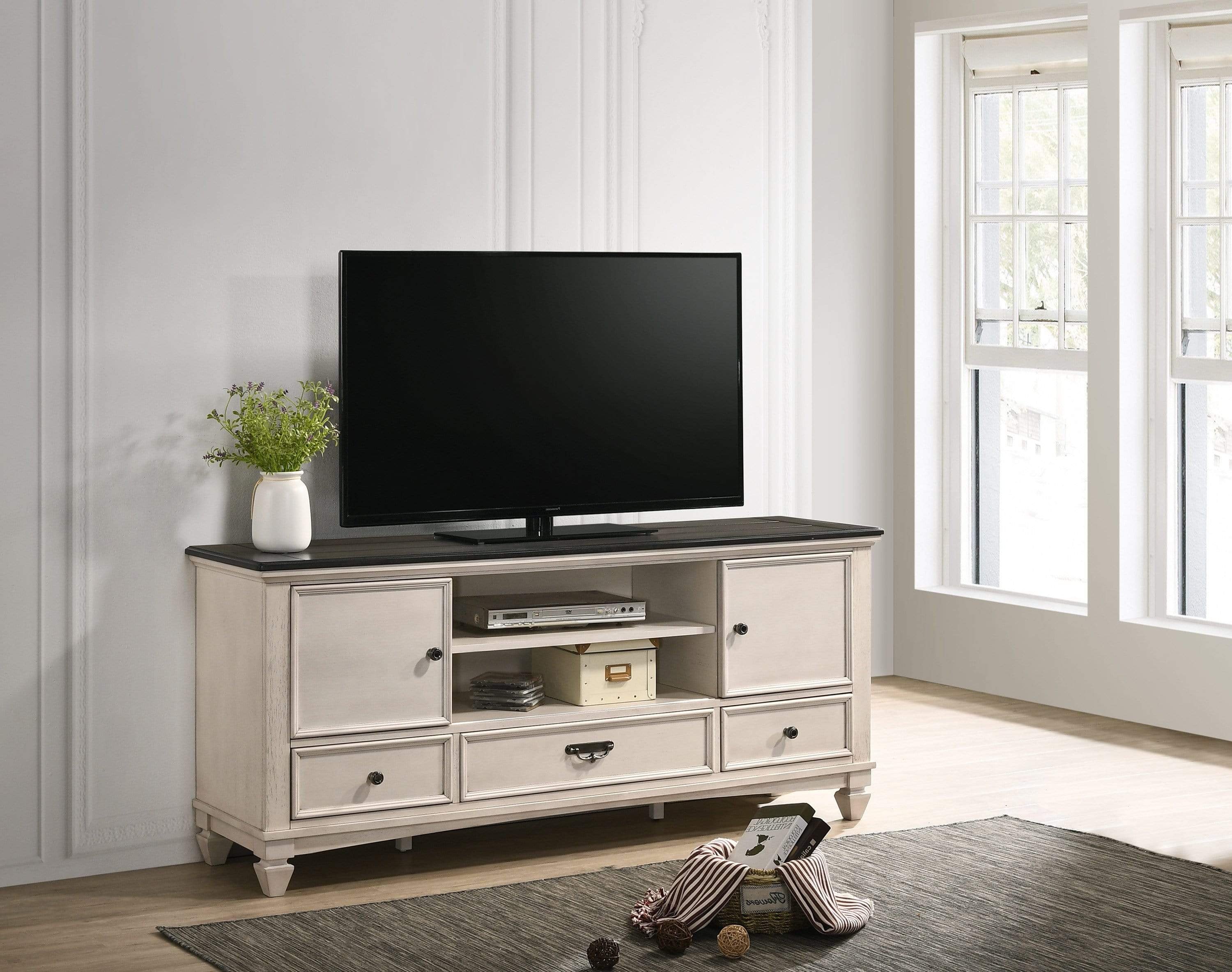 SAWYER TV STAND IN FARMHOUSE WHITE BY CROWNMARK AVAILABLE IN HOUSTON, DALLAS, SAN ANTONIO, & AUSTIN  SKU B-9100-7