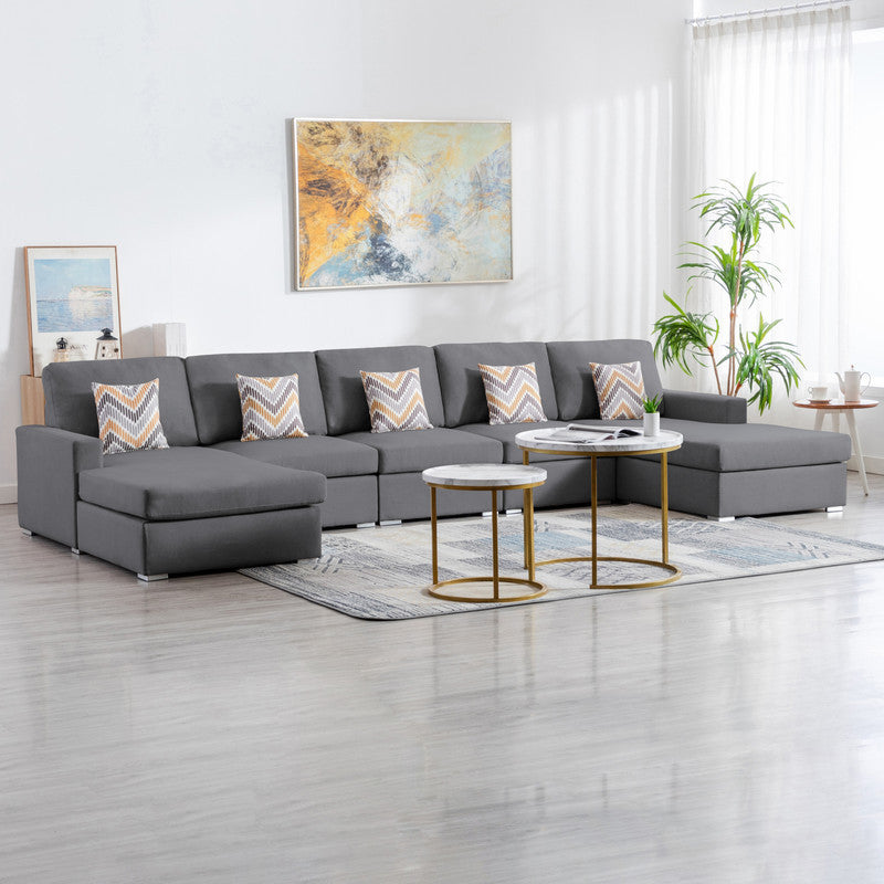 Nolan Gray Linen Fabric 5Pc Double Chaise Sectional Sofa with Pillows and Interchangeable Legs
