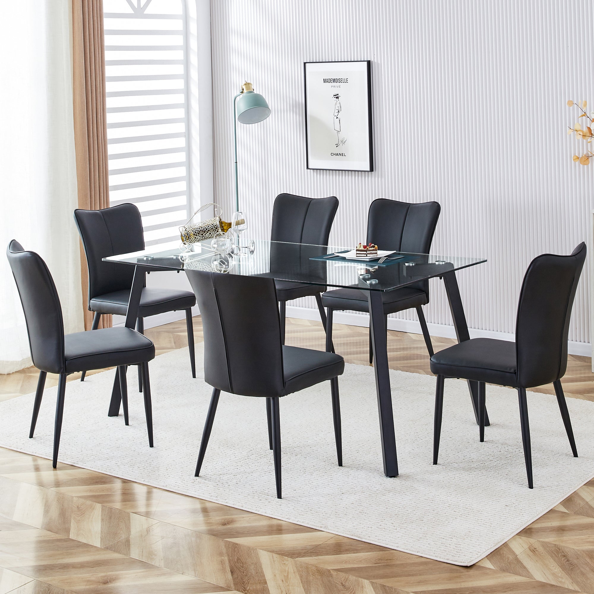 Table and chair set. 1 table and 6 black chairs. Glass dining table with 0.31-inch tempered glass tabletop and black coated metal legs. Equipped with black PU chairs 1123 008