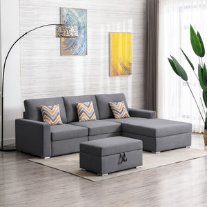 Nolan Gray Linen Fabric 4Pc Reversible Sofa Chaise with Interchangeable Legs, Storage Ottoman, and Pillows