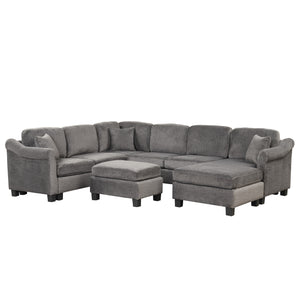 122" Dark Gray velvet fabric 4pcs Sectional Sofa with Ottoman with Right Side Chaise