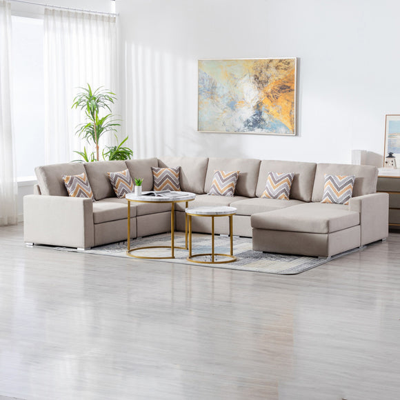 Nolan Beige Linen Fabric 6Pc Reversible Chaise Sectional Sofa with Pillows and Interchangeable Legs