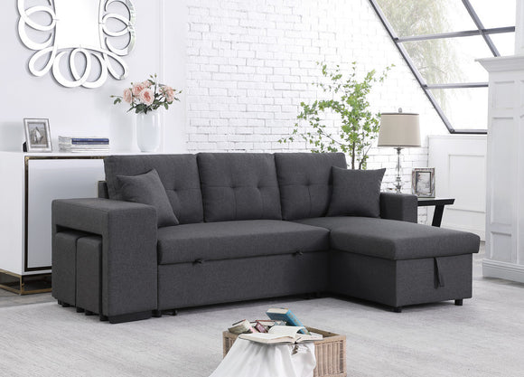 Dennis Dark Gray Linen Fabric Reversible Sleeper Sectional with Storage Chaise and 2 Stools