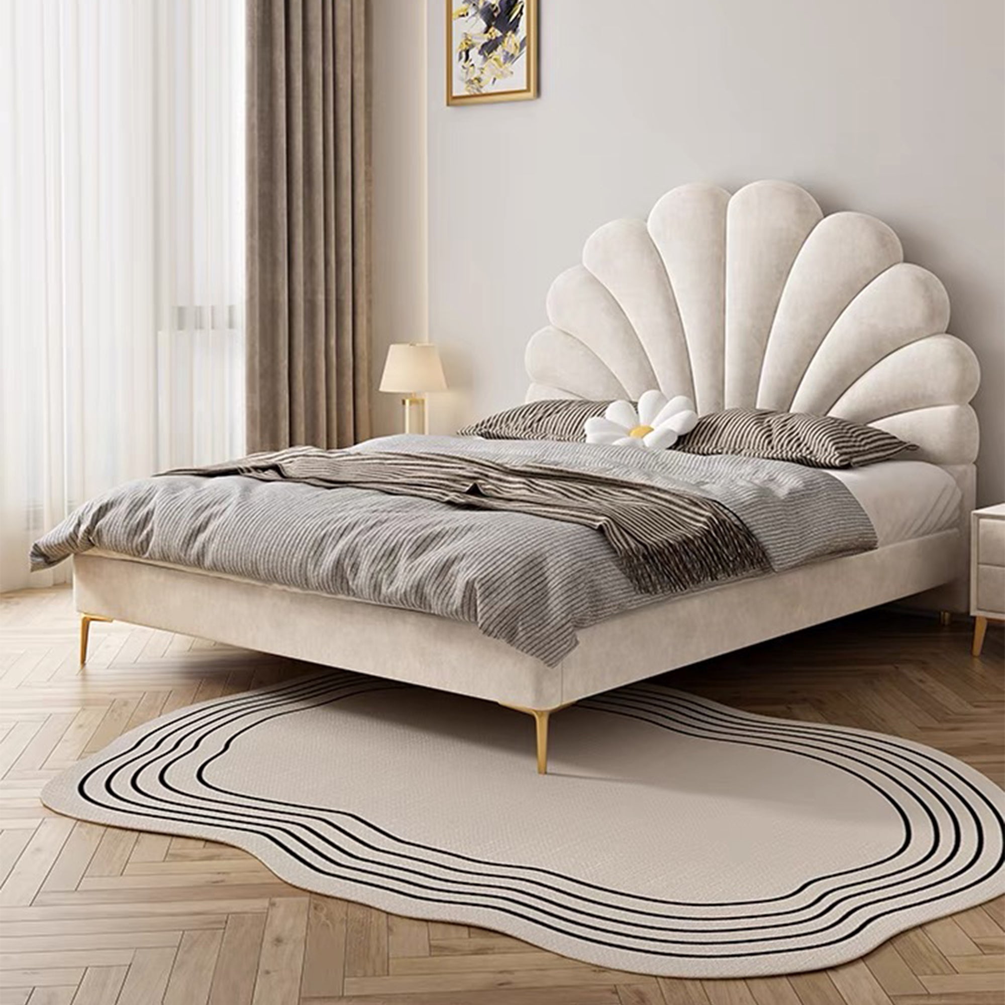 Modern Upholstered Leather Bed Frame with Petal shaped Headboard, Heavy Duty Platform Bed with Wood Slat Support